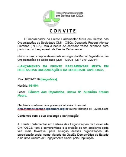 Convite – Lançamento da Frente Parlamentar Mista em Defesa das Organizações da Sociedade Civil