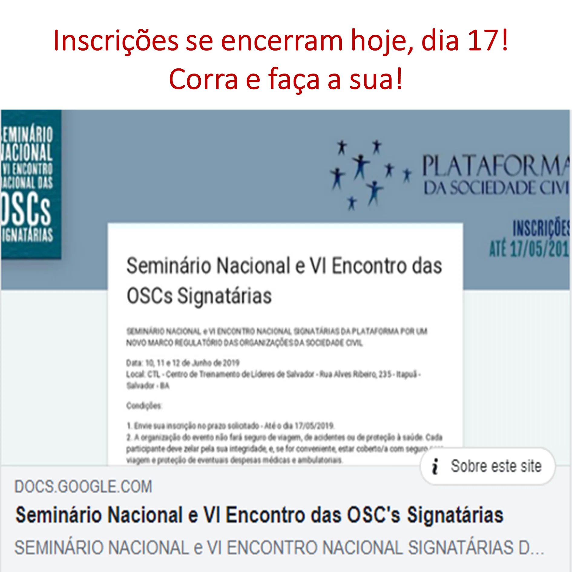 Último dia para inscrições no VI Encontro das Signatárias